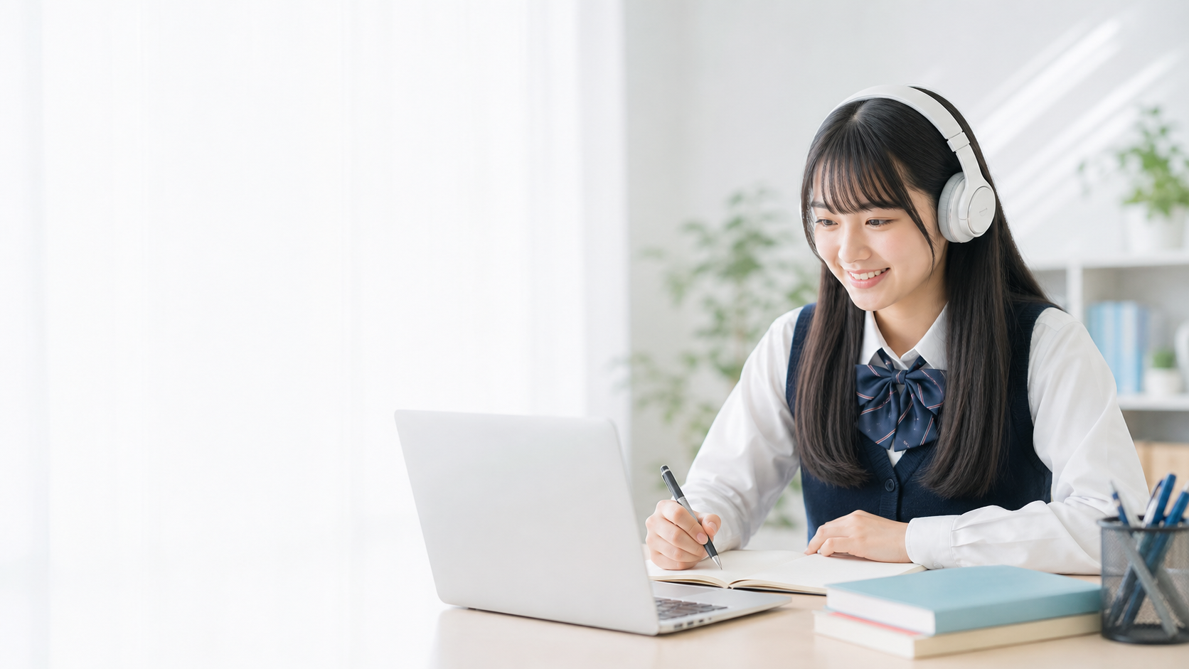 ヘッドホンをつけてオンライン学習をする学生